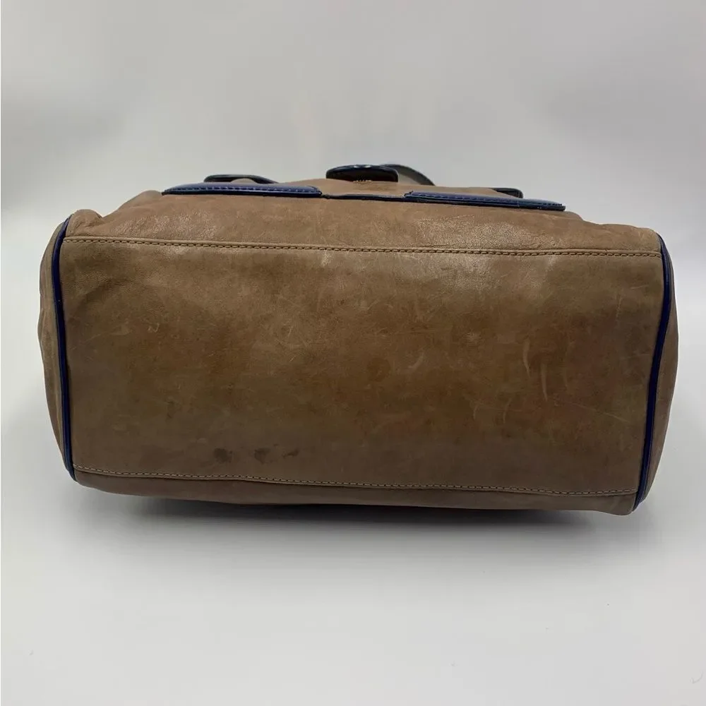 Auth Balenciaga Smooth Brown Leather Navy Patent Top Handle Moon Bag Preloved